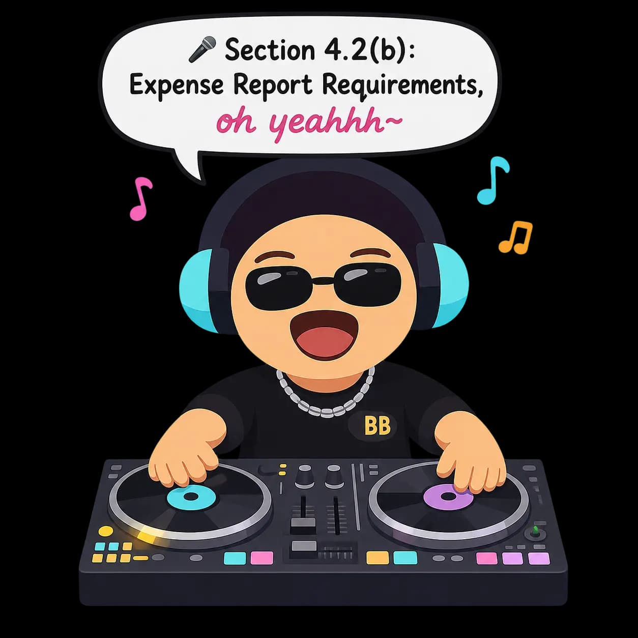 Business Bangerz DJ mascot belting out a boring HR policy update like it's a hit single